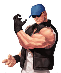 Rule 34 | 1boy, baseball cap, black-framed eyewear, black gloves, blonde hair, blue hat, brown vest, clark still, closed mouth, commentary request, evilgun, fingernails, gloves, hand up, hat, highres, lips, looking at viewer, male focus, muscular, muscular male, round eyewear, shirt, short hair, simple background, single glove, sleeveless, sleeveless shirt, smile, solo, sunglasses, the king of fighters, the king of fighters &#039;97, upper body, vest, white background, white shirt