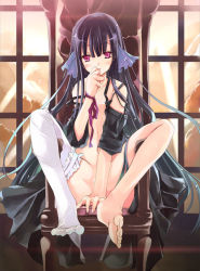 Rule 34 | 1girl, barefoot, black hair, bottomless, feet, feet on chair, hinoto, licking, long hair, navel, no panties, open clothes, open shirt, original, purple eyes, red eyes, shirt, single thighhigh, sitting, solo, thighhighs, throne, very long hair, white thighhighs
