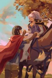 2girls armor babykatafan black_hair blue_sky boots breasts brown_footwear cape cleavage closed_mouth commentary english_commentary eye_contact fire_emblem fire_emblem:_thracia_776 high_heel_boots high_heels high_ponytail highres holding_hands horse ishtar_(fire_emblem) looking_at_another medium_breasts multiple_girls nintendo olwen_(fire_emblem) outdoors parted_lips pauldrons purple_eyes purple_hair red_cape shoulder_armor sitting sky smile tree white_footwear