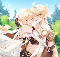 Rule 34 | 1boy, 1girl, aether (genshin impact), ahoge, arm armor, armor, bare shoulders, blonde hair, blue sky, blurry, blurry background, blush, braid, breasts, brother and sister, brown gloves, brown pants, brown shirt, bush, closed eyes, day, detached sleeves, dress, earrings, feather hair ornament, feathers, fingerless gloves, flower, genshin impact, gloves, hair between eyes, hair flower, hair ornament, hand up, happy, highres, holding, holding hands, jewelry, long hair, long sleeves, looking at another, lumine (genshin impact), medium breasts, nadhh20, navel, one eye closed, outdoors, pants, scarf, shirt, short hair, short hair with long locks, short sleeves, shoulder armor, siblings, sidelocks, single earring, sky, smile, sparkle print, standing, star (symbol), teeth, tongue, tree, twitter username, white dress, white flower, white scarf, yellow eyes
