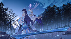 Rule 34 | 1girl, absurdres, animal, bare shoulders, barefoot, blue sky, bug, butterfly, closed mouth, cloud, deer, dress, flower, forest, grass, highres, honkai (series), honkai impact 3rd, insect, long hair, looking at viewer, mountain, nature, open hand, outdoors, reflection, seele vollerei, seele vollerei (herrscher of rebirth), sky, smile, standing, sye-, tree, very long hair, white day, white dress, white headwear