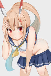 Rule 34 | 1girl, absurdres, adjusting hair, arm support, ass, ayanami (azur lane), azur lane, bell, bent over, blue skirt, breasts, cleavage, collar, commentary request, eyes visible through hair, groin, hair ornament, hairclip, headgear, highres, long hair, looking at viewer, midriff, neck bell, orange eyes, parted lips, pleated skirt, ponytail, retrofit (azur lane), rindou ringdong, school uniform, serafuku, sidelocks, silver hair, simple background, skirt, unworn skirt, solo