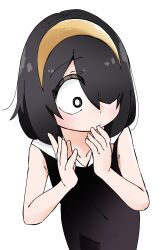 Rule 34 | 1girl, :|, absurdres, armpit crease, bare arms, bare shoulders, black dress, black hair, closed mouth, collarbone, dress, finger in own mouth, finger to mouth, from above, hair over one eye, hairband, hands up, highres, jijou wo shiranai tenkousei ga guigui kuru., kawamura taku, long bangs, looking away, looking to the side, nishimura akane, official art, one eye covered, sanpaku, short hair, simple background, sleeveless, sleeveless dress, solo, upper body, w arms, white background, white eyes, yellow hairband