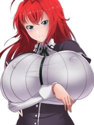 Rule 34 | 10s, 1girl, breasts, covered erect nipples, gigantic breasts, high school dxd, highres, looking at viewer, red hair, rias gremory, shumichi, simple background, solo, tight clothes, white background