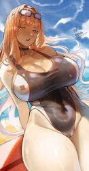 Rule 34 | 1girl, absurdres, alternate breast size, bare shoulders, beach, black one-piece swimsuit, blue sky, blush, breasts, choker, cleavage, collarbone, competition swimsuit, covered navel, eyewear on head, goddess of victory: nikke, highleg, highleg swimsuit, highres, large breasts, long hair, looking at viewer, nyahpa20, one-piece swimsuit, open mouth, orange eyes, orange hair, rapi (classic vacation) (nikke), rapi (nikke), sky, solo, sunglasses, surfboard, swimsuit, thighs, very long hair, wet, wide hips