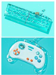 Rule 34 | absurdres, aqua background, border, buttons, controller, floating, floating object, game controller, highres, lifebuoy, light blue background, light particles, no humans, orca, original, pool, resized, ripples, shadow, snake, swim ring, tragic vacance6, upscaled, water, water drop, wet, white border, wire