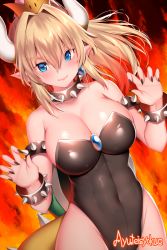 Rule 34 | &gt;:), 1girl, adapted costume, armlet, artist name, ayuteisyoku, bare shoulders, black leotard, blonde hair, blue eyes, blush, bowsette, bracelet, breasts, claw pose, cleavage, closed mouth, collar, collarbone, commentary request, crown, dutch angle, earrings, fangs, fangs out, fingernails, fire, gem, highleg, highleg leotard, horns, jewelry, large breasts, leotard, long fingernails, long hair, mario (series), nail polish, new super mario bros. u deluxe, nintendo, pink lips, pointy ears, ponytail, shiny skin, sidelocks, smile, solo, spiked armlet, spiked bracelet, spiked collar, spiked shell, spiked tail, spikes, strapless, strapless leotard, super crown, tail, turtle shell, v-shaped eyebrows