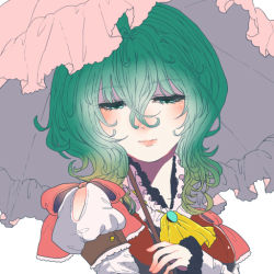 Rule 34 | 1girl, alternate costume, alternate eye color, armband, ascot, aura, blush, breasts, brooch, detached sleeves, frilled sleeves, frills, gradient hair, green eyes, green hair, half-closed eyes, jewelry, kazami yuuka, lips, looking down, multicolored hair, neck, nose, parasol, puffy short sleeves, puffy sleeves, rog92, short hair, short sleeves, simple background, solo, touhou, umbrella, upper body, wavy hair, white background