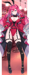 Rule 34 | 1girl, absurdres, animal ears, bar (place), bar stool, black footwear, black hairband, boots, bottle, breasts, coat, covered navel, cross-laced footwear, drill hair, baobhan sith (fate), fake animal ears, fang, fang out, fate/grand order, fate (series), full body, garter straps, gradient hair, grey eyes, grey hair, hair intakes, hairband, hand on own hip, highres, huangyouxingren, indoors, large breasts, leotard, long hair, long sleeves, multicolored hair, nontraditional playboy bunny, overcoat, pink hair, playboy bunny, playing with own hair, pointy ears, quad drills, rabbit ears, red coat, red leotard, red nails, revision, sidelocks, solo, standing, stool, thigh boots, very long hair