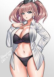Rule 34 | 1girl, absurdres, atlanta (kancolle), black bra, black panties, bra, breasts, brown hair, cleavage, collarbone, collared shirt, dated, dress shirt, earrings, garrison cap, grey eyes, hand in pocket, hat, highres, jewelry, kantai collection, katou shinobu, large breasts, long sleeves, looking at viewer, navel, open clothes, open shirt, panties, shirt, simple background, single earring, solo, star (symbol), star earrings, striped clothes, striped shirt, twitter username, two side up, underwear, white shirt