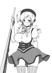 Rule 34 | 10s, 1girl, blush, bow, breasts, corset, covered erect nipples, detached sleeves, drill hair, female focus, fingerless gloves, gloves, greyscale, gun, hair ornament, hairclip, hat, huge breasts, magical girl, magical musket, mahou shoujo madoka magica, mahou shoujo madoka magica (anime), monochrome, skirt, smile, striped clothes, striped thighhighs, taut clothes, thighhighs, tomoe mami, twin drills, vertical-striped clothes, vertical-striped thighhighs, weapon, zanku