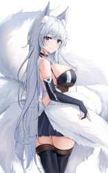Rule 34 | 1girl, animal ear fluff, animal ears, azur lane, backless outfit, bare shoulders, black choker, black gloves, black skirt, black thighhighs, blue eyes, blush, breasts, chinese commentary, choker, closed mouth, commentary request, cowboy shot, elbow gloves, fox ears, fox girl, fox tail, gloves, highres, large breasts, long hair, looking at viewer, miniskirt, mixed-language commentary, multiple tails, official alternate costume, panties, partially fingerless gloves, playing with own hair, pleated skirt, qing wu, shinano (azur lane), shinano (moonlit chrome) (azur lane), sidelocks, simple background, skirt, solo, tail, thighhighs, thighs, twisted torso, underwear, very long hair, white background, white hair, white panties, white tail, zettai ryouiki