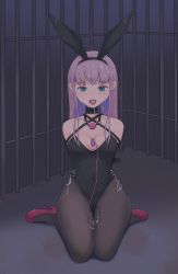 Rule 34 | 1girl, animal ear hairband, animal ears, arms behind back, ball gag, bare shoulders, bars, bdsm, between breasts, black leotard, blue eyes, bondage, bound, bound arms, breasts, cleavage, collar, commentary request, covered navel, cum, cum in mouth, cum on body, cum on breasts, cum on hair, cum on lower body, cum on upper body, cumdrip, drooling, facial, fake animal ears, full body, gag, gag around neck, high heels, highres, leotard, long hair, medium breasts, monoglove, open mouth, original, oyakomastar, pantyhose, pink footwear, pink hair, playboy bunny, prison, rabbit ear hairband, rabbit ears, remote control vibrator, restrained, saliva, sex toy, sidelocks, sitting, solo, strapless, strapless leotard, unworn gag, vibrator, wariza, wiffle gag