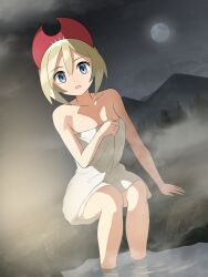 Rule 34 | 1girl, absurdres, arm support, blonde hair, blue eyes, collarbone, commentary request, creatures (company), eyelashes, game freak, hair between eyes, hairband, highres, hill, irida (pokemon), looking at viewer, medium hair, mikan (mikan no happa), moon, naked towel, night, nintendo, open mouth, outdoors, pokemon, pokemon legends: arceus, red hairband, sitting, sky, soaking feet, solo, steam, towel, water