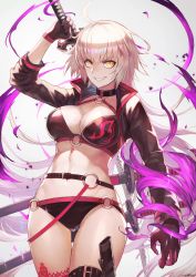 Rule 34 | 1girl, absurdres, bikini, black bikini, black gloves, breasts, cleavage, collar, collarbone, cowboy shot, fate/grand order, fate (series), floating hair, gloves, gluteal fold, grin, highres, holding, holding sword, holding weapon, jeanne d&#039;arc alter (swimsuit berserker) (fate), jeanne d&#039;arc (fate), jeanne d&#039;arc alter (fate), jeanne d&#039;arc alter (swimsuit berserker) (fate), jun wei, large breasts, long hair, long sleeves, looking at viewer, navel, o-ring, o-ring bikini, print bikini, print bikini top, shrug (clothing), silver hair, smile, solo, standing, swimsuit, sword, thigh gap, v-shaped eyebrows, very long hair, weapon, white background, yellow eyes