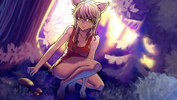 Rule 34 | animal ears, barefoot, bow, braid, brown hair, cat ears, collarbone, dress, dutch angle, everlasting summer, eyebrows, feet, forest, game cg, highres, long hair, mushroom, nature, outdoors, squatting, toes, tree, uvao-tan, yellow eyes