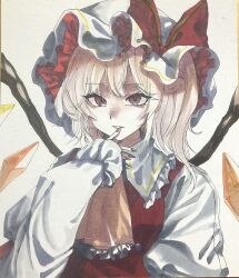 Rule 34 | 1girl, absurdres, blonde hair, crystal, embellished costume, flandre scarlet, hand up, hat, highres, mob cap, nail polish, one side up, parted lips, red nails, short hair, sleeves past wrists, solo, t terano, touhou, traditional media, upper body, vest, white hat, wings