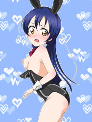 Rule 34 | 1girl, artist name, artist request, bare legs, bare shoulders, black leotard, blue background, blue hair, blush, bow, bowtie, breasts, brown eyes, collarbone, embarrassed, female focus, hair between eyes, leotard, long hair, looking at viewer, love live!, love live! school idol project, nervous, nipples, nose blush, parted lips, playboy bunny, rabbit ears, rabbit tail, red bow, sideboob, small breasts, smile, solo, sonoda umi, surprised, white wrist cuffs, wing collar, worried, wrist cuffs, yellow eyes