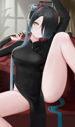 Rule 34 | 1girl, absurdres, alternate hair color, alternate hair length, alternate hairstyle, arm behind head, azur lane, bare legs, black dress, black hair, black nails, blue hair, blush, breasts, china dress, chinese clothes, covered navel, cross, day, dress, earrings, expressionless, fingernails, frown, gradient hair, hair ornament, hair over one eye, half-closed eyes, hand up, heart, heart earrings, highres, horns, indoors, iron cross, jewelry, knee up, leg up, looking at viewer, medium breasts, medium hair, multicolored hair, multiple earrings, nail polish, presenting, sharp fingernails, sidelocks, sitting, slit pupils, solo, spread legs, thighs, two-tone hair, ulrich von hutten (azur lane), wo meiyou mao, yellow eyes