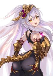 Rule 34 | 1girl, arched back, armor, ass, ass support, bodysuit, breastplate, breasts, commentary request, contrapposto, cowboy shot, elbow gloves, fang, from side, gloves, granblue fantasy, hair between eyes, hands on own ass, headgear, headpiece, light purple hair, long hair, looking at viewer, medusa (shingeki no bahamut), open mouth, pointy ears, ramuda (guilty931), red gloves, simple background, skin fang, small breasts, solo, tail, vambraces, very long hair, yellow eyes