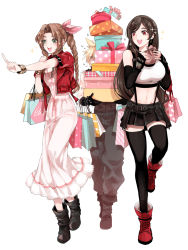 Rule 34 | 1boy, 2girls, :d, aerith gainsborough, bag, black legwear, blonde hair, blush, boots, bracelet, braid, braided ponytail, breasts, brown hair, carrying, cloud strife, cropped jacket, dress, earrings, elbow gloves, final fantasy, final fantasy vii, final fantasy vii remake, full body, gift, gloves, green eyes, hair ribbon, half-closed eyes, happy, highres, jewelry, large breasts, midriff, multiple girls, nair (mindcreator), navel, open mouth, pants, pointing, red footwear, ribbon, shopping, shopping bag, short sleeves, skirt, sleeveless, smile, sparkle, square enix, suspender skirt, suspenders, sweatdrop, tank top, thighhighs, tifa lockhart