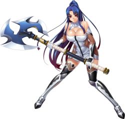 Rule 34 | 1girl, axe, bare shoulders, battle axe, blue hair, breasts, cleavage, curvy, dress, elbow gloves, female focus, full body, gloves, holding, holding weapon, kagami hirotaka, large breasts, lilith-soft, long hair, looking at viewer, official art, panties, parted bangs, ponytail, red eyes, shiny skin, short dress, smile, solo, taimanin (series), taimanin asagi, taimanin murasaki, taimanin rpgx, thighhighs, transparent background, underwear, very long hair, weapon, yatsu murasaki