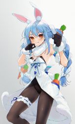 Rule 34 | 1girl, animal ear fluff, animal ears, black leotard, blue hair, blush, braid, breasts, brown gloves, brown pantyhose, carrot hair ornament, commentary, detached sleeves, don-chan (usada pekora), dress, food-themed hair ornament, fur scarf, gloves, gotou (nekocat), hair ornament, highres, hololive, leotard, leotard under clothes, long hair, looking at viewer, pantyhose, puffy short sleeves, puffy sleeves, rabbit ears, rabbit girl, rabbit tail, red eyes, short eyebrows, short sleeves, simple background, small breasts, solo, strapless, strapless dress, symbol-only commentary, thick eyebrows, thigh strap, tongue, tongue out, twin braids, twintails, usada pekora, usada pekora (1st costume), very long hair, virtual youtuber, white dress, white hair