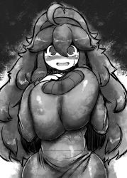 Rule 34 | 1girl, @ @, ahoge, alternate breast size, black dress, blush, breasts, bugge man, creatures (company), dress, game freak, greyscale, hex maniac (pokemon), highres, large breasts, long hair, looking at viewer, messy hair, monochrome, nintendo, open mouth, pokemon, pokemon xy, solo, very long hair