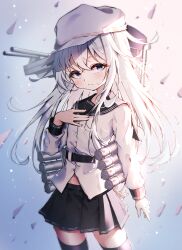 Rule 34 | 1girl, absurdres, black sailor collar, black skirt, black thighhighs, blue eyes, blush, buttons, closed mouth, cowboy shot, dfd, hair between eyes, hammer and sickle, hat, hibiki (kancolle), highres, kantai collection, long hair, long sleeves, looking at viewer, pleated skirt, sailor collar, sailor shirt, shirt, skirt, solo, thighhighs, verniy (kancolle), white hair, white hat, white shirt