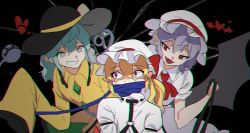 Rule 34 | 10000 we, 3girls, bat wings, black background, black headwear, blonde hair, blouse, bow, broken glass, buttons, chromatic aberration, covered mouth, diamond button, eyeball, fang, fangs, flandre scarlet, frilled shirt collar, frills, glass, green eyes, green hair, hat, hat bow, hat ribbon, heart, highres, komeiji koishi, leaning forward, leash, light green hair, long sleeves, looking at another, medium hair, mob cap, multiple girls, open mouth, pointy ears, purple hair, red bow, red eyes, red ribbon, remilia scarlet, ribbon, sharp teeth, shirt, siblings, side ponytail, sisters, skirt, slit pupils, smile, straitjacket, tearing up, tears, teeth, third eye, touhou, vampire, white headwear, white shirt, white skirt, wide sleeves, wings, yellow shirt