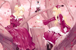 Rule 34 | 2girls, absurdres, alice (alice in wonderland), alice in wonderland, blonde hair, board game, chess, crossed arms, dress, frills, hat, highres, jewelry, leaf, long hair, multiple girls, necklace, pocket watch, queen of hearts (alice in wonderland), rabbit, red theme, sitting, tree, ueda ryou, watch, white rabbit (alice in wonderland)