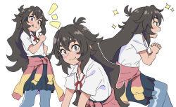Rule 34 | 1girl, black skirt, blush stickers, brown hair, closed mouth, clothes around waist, denim, do it yourself!!, grey eyes, highres, kouki kokoro, long hair, looking at viewer, multiple views, own hands clasped, own hands together, raku rakugaki, shirt, short sleeves, simple background, skirt, sparkle, thick eyebrows, thumbs up, tongue, tongue out, very long hair, white background, white shirt