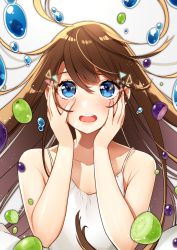 Rule 34 | 1girl, blue eyes, brown hair, dress, water drop, food, fruit, grapes, hands on own cheeks, hands on own face, hands up, long hair, looking at viewer, maruyama hari, original, simple background, upper body, white background, white dress