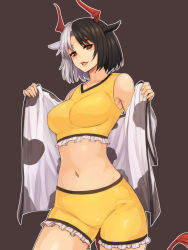 Rule 34 | 1girl, animal ears, animal print, black background, black hair, bra, breasts, cow ears, cow print, cow tail, cowboy shot, frilled bra, frilled shorts, frills, haori, highres, horns, japanese clothes, kakone, large breasts, looking at viewer, multicolored hair, navel, open mouth, red eyes, red horns, shorts, simple background, smile, solo, split-color hair, sports bra, standing, tail, touhou, two-tone hair, underwear, ushizaki urumi, white hair, yellow bra, yellow shorts