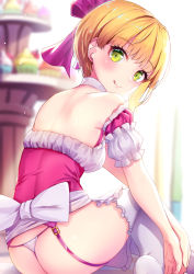 Rule 34 | 1girl, :q, apron, ass, back bow, backless outfit, bare shoulders, blonde hair, blurry, blurry background, blush, bow, closed mouth, commentary request, cupcake, depth of field, food, frilled apron, frilled thighhighs, frills, garter straps, green eyes, hair bow, head tilt, idolmaster, idolmaster cinderella girls, looking at viewer, looking back, miyamoto frederica, no pants, panties, pink shirt, puffy short sleeves, puffy sleeves, purple bow, shirt, short hair, short sleeves, sitting, smile, solo, thighhighs, thong, tongue, tongue out, underwear, waist apron, white apron, white panties, white thighhighs, yan (nicknikg)