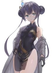Rule 34 | 1girl, absurdres, black dress, black hair, blue archive, blue eyes, china dress, chinese clothes, closed mouth, double bun, dragon print, dress, hair bun, highres, kisaki (blue archive), long hair, marulire, print dress, simple background, solo, twintails, white background
