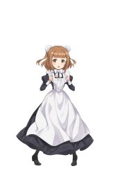 Rule 34 | 1girl, :o, apron, beatrice (princess principal), black legwear, blush, bow, brown eyes, brown hair, bun cover, clenched hand, double bun, full body, hands up, high heels, highres, long sleeves, looking at viewer, maid, official art, princess principal, princess principal game of mission, puffy long sleeves, puffy sleeves, solo, standing, transparent background, white bow