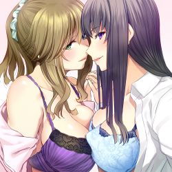 Rule 34 | 2girls, black hair, blouse, blue bra, blush, bra, breasts, brown hair, cleavage, collared shirt, face-to-face, green eyes, hair ornament, hair scrunchie, holding hands, interlocked fingers, long hair, looking at viewer, matsukawa (pale scarlet), medium breasts, multiple girls, off shoulder, open clothes, open mouth, open shirt, original, ponytail, purple bra, purple eyes, scrunchie, shirt, sidelocks, simple background, underwear, white shirt