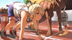 Rule 34 | 10s, 1boy, 1girl, alternate costume, alternate hairstyle, anchor hair ornament, bad proportions, bare shoulders, blonde hair, blurry, brown eyes, confetti, crossover, crowd, dark-skinned male, dark skin, dated, depth of field, hair bun, hair ornament, head out of frame, highres, kantai collection, lifebuoy, muscular, real life, rensouhou-chan, shimakaze (kancolle), shoes, shorts, single hair bun, sneakers, socks, swim ring, tank top, track and field, usain bolt, yan wan