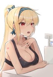 Rule 34 | 1girl, absurdres, black tank top, blonde hair, bow, breasts, cash register, cleavage, gamryous, girls&#039; frontline, green hairband, hair between eyes, hair bow, hairband, head steam, highres, jewelry, large breasts, leaning on object, long hair, open mouth, ponytail, red eyes, ring, russian flag, simple background, solo, sv-98 (girls&#039; frontline), sweat, tank top, wedding ring