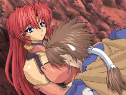 Rule 34 | 1boy, 1girl, bare shoulders, blue eyes, blush, brave soul, breast smother, breasts, brown hair, cape, drill hair, earrings, game cg, hetero, jewelry, long hair, mogudan, open mouth, ponytail, red hair, ruby (brave soul), rudy, rudy (brave soul), sweatdrop