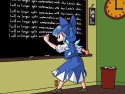 Rule 34 | 1girl, arms up, bart simpson, blue bow, blue dress, blue eyes, blue hair, bow, chalkboard, cirno, commentary request, dress, electrical outlet, full body, ice, ice wings, kamishirasawa keine, kasuya baian, legs apart, parody, profile, short hair, short sleeves, solo, standing, the simpsons, touhou, wings