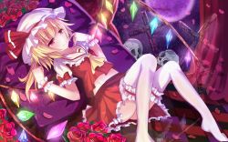 Rule 34 | 1girl, ascot, bakanoe, blonde hair, bow, flandre scarlet, flower, hat, hat bow, highres, midriff, red eyes, rose, side ponytail, skull, solo, thighhighs, touhou, white thighhighs, wings, wrist cuffs