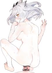 Rule 34 | 1boy, 1girl, arknights, ass, back, bad id, bad pixiv id, bar censor, barefoot, blush, breasts, censored, commentary, completely nude, dal-gi, floating hair, full body, girl on top, hetero, highres, korean commentary, looking at viewer, looking back, medium breasts, medium hair, nipples, nude, owl ears, penis, ptilopsis (arknights), reverse cowgirl position, sex, sex from behind, silver hair, simple background, solo focus, squatting, straddling, sweat, veins, veiny penis, white background, yellow eyes
