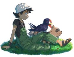 Rule 34 | 1boy, arm support, bird, black footwear, black hair, black shirt, blue eyes, child, closed mouth, creatures (company), eyelashes, from side, game freak, gen 3 pokemon, goh (pokemon), grass, green overalls, hat, highres, male focus, minato (mntnm), nintendo, overalls, pokemon, pokemon (anime), pokemon journeys, pokemon on leg, sandals, shirt, short hair, short sleeves, sitting, solo, solo focus, t-shirt, taillow, white background, white hat, wristband, zigzagoon