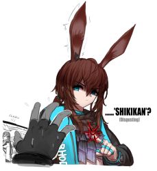 Rule 34 | 1girl, amiya (arknights), animal ears, arknights, blue eyes, brown hair, cheogtanbyeong, closed mouth, cropped torso, dandelion (girls&#039; frontline), english text, girls&#039; frontline, gloves, griffin &amp; kryuger military uniform, hair between eyes, highres, jewelry, long hair, long sleeves, partially fingerless gloves, pov, pov hands, rabbit ears, ring, solo focus, thumb ring, white background