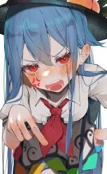 Rule 34 | 1girl, anger vein, blue hair, hat, hinanawi tenshi, looking at viewer, neckerchief, open mouth, red eyes, simple background, solo, touhou, tsune (tune)