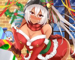 Rule 34 | 1girl, absurdres, alternate costume, azur lane, bell, belt, blush, bow, breasts, brick wall, christmas, cleavage, closed mouth, commentary request, core1013, cowboy shot, crossed bangs, dark-skinned female, dark skin, dress, elbow gloves, facepaint, fur-trimmed dress, fur-trimmed gloves, fur trim, gascogne (azur lane), gift, gloves, green belt, hair bell, hair between eyes, hair bow, hair ornament, headphones, high ponytail, highres, holding, holding gift, indoors, large breasts, long hair, looking at viewer, minneapolis (azur lane), multicolored clothes, multicolored gloves, nose blush, plaid, plaid scarf, red bow, red dress, red eyes, red gloves, red scarf, santa costume, santa dress, scarf, sleeveless, sleeveless dress, solo, star (symbol), sticker, very long hair, white gloves, white hair, window, wreath
