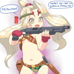 Rule 34 | 1girl, artist request, belt bra, blonde hair, blush, breasts, fang, female focus, gradient background, gun, kid icarus, kid icarus uprising, knife, looking at viewer, navel, nintendo, open mouth, ponytail, shotgun, shotgun shell, small breasts, solo, topless, translated, viridi, weapon, yellow eyes