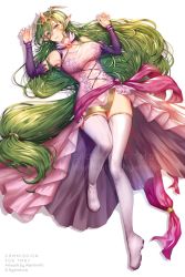 Rule 34 | 1girl, blush, boots, breasts, dress, fire emblem, fire emblem new mystery of the emblem, green eyes, green hair, highres, large breasts, long hair, lying on ground, nagi (fire emblem), nintendo, pink dress, sash, smile, thighhighs, tiara, wani (fadgrith)